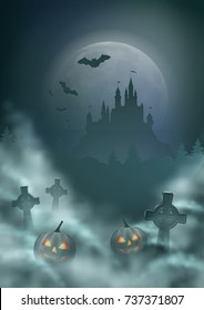 Halloween vector night scene with full moon in a cloudy night, pumpkin, graves and castle