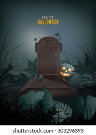 Halloween vector night scene with grave, pumpkin, stones and fern