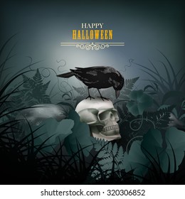 Halloween vector night scene with skull, black Raven, stones and fern