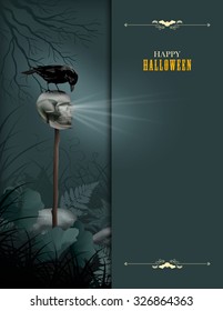 Halloween vector night scene with skull, black Raven, stones and fern
