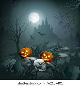 Halloween vector night scene with a skull, pumpkin, graves and castle