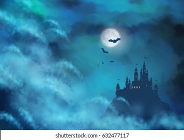 Halloween vector nightly background with castle silhouette on the hill