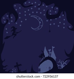 Halloween Vector Nightly Background with castle silhouette on the hill against moonlight sky, flying witch