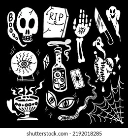 Halloween Vector Pack Black White Spookll Skeleton Poison Web Knife Ghost Eyes Magic RIP Snake Heart Tarot Cards