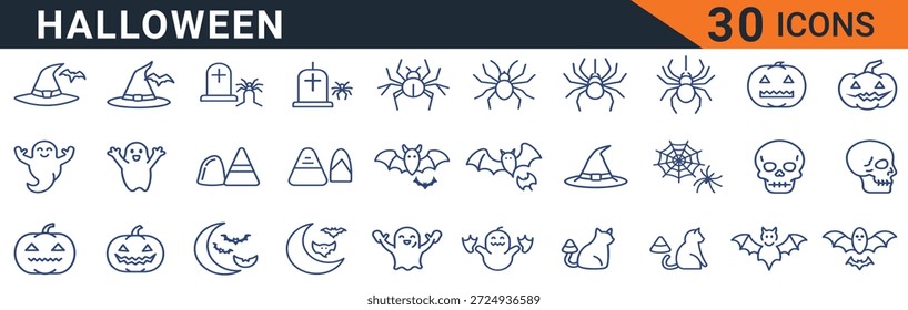Halloween Vektor Page Header Banner Vorlage für Ihre Website mit 30 Symbolen in einem Raster angeordnet. Einfaches und modernes Design in dunkelblauer Farbe enthält verschiedene Halloween-Symbole wie Spinnen, Fledermäuse und Geister auf weißem Hintergrund.