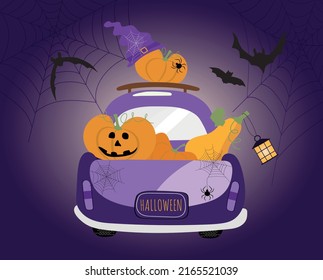 Halloween vector painting with car, pumpkins and bats on scary violet background. Trick or treat postcard for autumn holiday