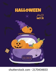 Halloween vector painting with car, pumpkins and bats on scary violet background. Trick or treat postcard for autumn holiday