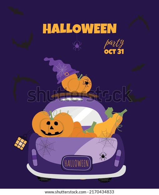 Halloween vector painting with car, pumpkins and\
bats on scary violet background. Trick or treat postcard for autumn\
holiday