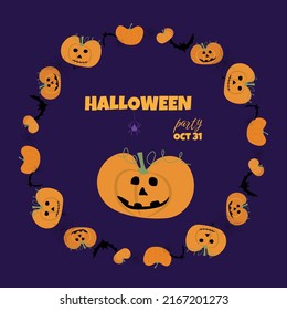 Halloween vector painting with pumpkins and web spiders on scary violet background with text. Trick or treat postcard for autumn holiday