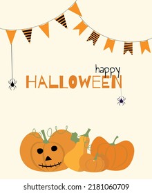 Halloween vector painting with pumpkins and web spiders on white background with orange festive text. Trick or treat postcard for autumn holiday