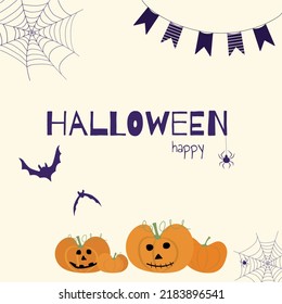 Halloween vector painting with pumpkins and web spiders on white background with orange festive text. Trick or treat postcard for autumn holiday