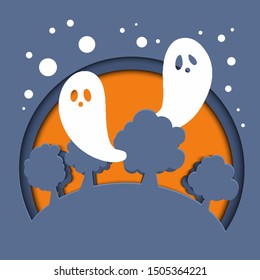 Halloween vector papercut banner template. Two ghosts and trees silhouette on orange and blue background