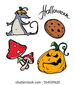Halloween vector party set with scary and cute elements - cookie, jack-o-lantern, mouse, mushrooms