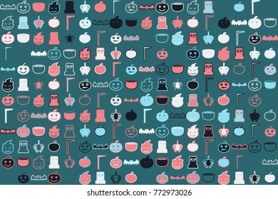 Halloween vector pattern with colored elements. Bats, Pumpkins, and tombstones.