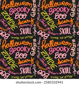 Halloween vector pattern. Colorful writings on black background. Pattern with words on halloween theme.