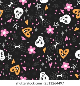 Halloween vector pattern with cute elements. Skulls and spider web bows.