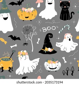 Halloween vector pattern. Cute ghosts, bats and witch's hat, spider web, candy, black cat, pumpkins, bones and mushrooms. Grey background. October holiday. Baby print