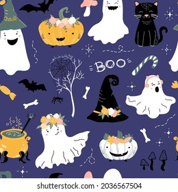 Halloween vector pattern. Cute ghosts, bats and witch's hat, spider web, candy, black cat, pumpkins, bones and mushrooms. Purple background. October holiday. Baby print