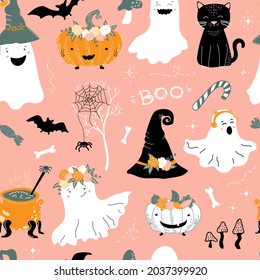 Halloween vector pattern. Cute ghosts, bats and witch's hat, spider web, candy, black cat, pumpkins, bones and mushrooms. Pink background. October holiday. Baby print