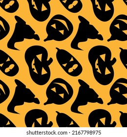 Halloween vector pattern. Cute ghosts, bats and witch's hat, spider web, candy, black cat, pumpkins, bones and mushrooms. Pink background. October holiday. Baby print