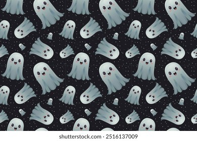 Halloween vector pattern design with cute ghost with kawaii emoji. Pattern for textile, tablecloth, wallpaper, packaging, banner, pillow