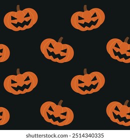 Halloween vector pattern with drawn scary pumpkins in orange color on dark black background