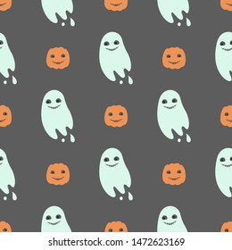 Halloween vector pattern. Flat design. Seamless pattern with funny pumpkin and funny ghost. 