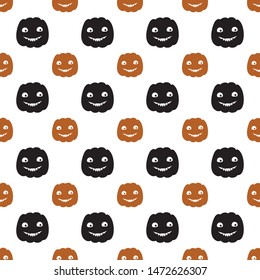 Halloween vector pattern. Flat design. Seamless pattern with funny pumpkin. Halloween black and orange background.