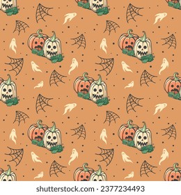 Halloween vector pattern with green, black, white and orange colors. Halloween seamless pattern with pumpkins, web, ghost. Orange background
