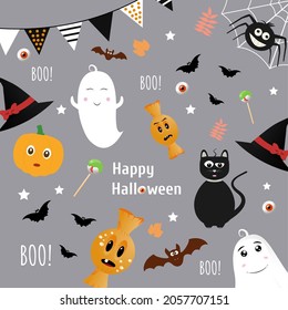 Halloween vector pattern. Vector illustration with cat, spider, bat, pumpkin, ghost and candy. Vector illustration of trick or treat scary symbols. Halloween background