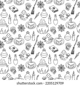 Halloween vector pattern, monochrome Halloween pattern, black and white icons