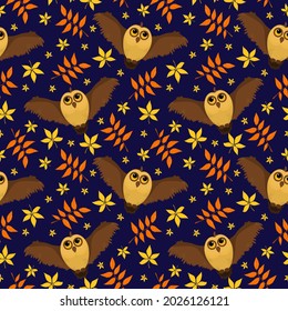 halloween vector pattern with owls and autumn leaves on a dark background