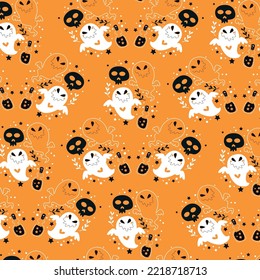 Halloween vector pattern. Halloween party vector illustration. Ghost, skull, potion bottle on yellow background