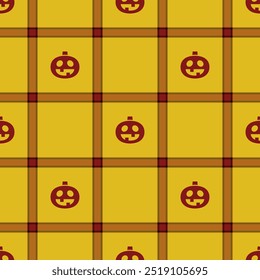 Halloween vector pattern with plaid stripes and pumpkins, spooky ghosts, and scary ornaments. Ideal for autumn background, textile, fabric, party decor, greeting cards, posters, or tiled wallpaper.