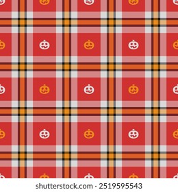 Halloween vector pattern with plaid stripes and pumpkins, spooky ghosts, and scary ornaments. Ideal for autumn background, textile, fabric, party decor, greeting cards, posters, or tiled wallpaper.