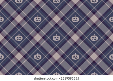 Halloween vector pattern with plaid stripes and pumpkins, spooky ghosts, and scary ornaments. Ideal for autumn background, textile, fabric, party decor, greeting cards, posters, or tiled wallpaper.