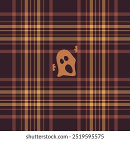 Halloween vector pattern with plaid stripes and pumpkins, spooky ghosts, and scary ornaments. Ideal for autumn background, textile, fabric, party decor, greeting cards, posters, or tiled wallpaper.