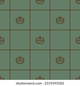 Halloween vector pattern with plaid stripes and pumpkins, spooky ghosts, and scary ornaments. Ideal for autumn background, textile, fabric, party decor, greeting cards, posters, or tiled wallpaper.