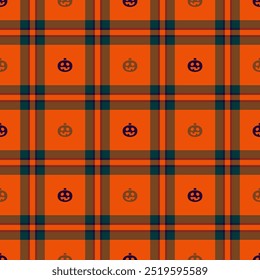 Halloween vector pattern with plaid stripes and pumpkins, spooky ghosts, and scary ornaments. Ideal for autumn background, textile, fabric, party decor, greeting cards, posters, or tiled wallpaper.