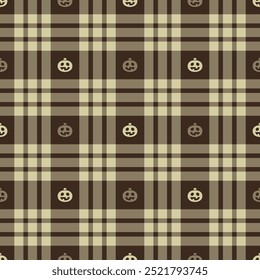 Halloween vector pattern with plaid stripes and pumpkins, spooky ghosts, and scary ornaments. Ideal for autumn background, textile, fabric, party decor, greeting cards, posters, or tiled wallpaper.