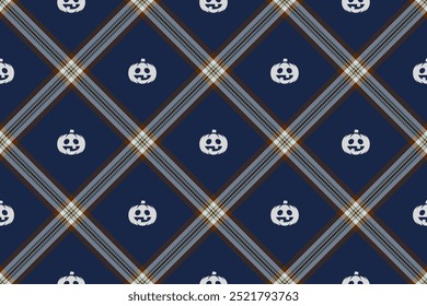 Halloween vector pattern with plaid stripes and pumpkins, spooky ghosts, and scary ornaments. Ideal for autumn background, textile, fabric, party decor, greeting cards, posters, or tiled wallpaper.
