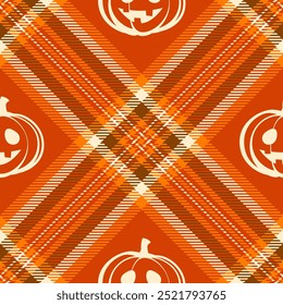 Halloween vector pattern with plaid stripes and pumpkins, spooky ghosts, and scary ornaments. Ideal for autumn background, textile, fabric, party decor, greeting cards, posters, or tiled wallpaper.