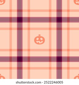 Halloween vector pattern with plaid stripes and pumpkins, spooky ghosts, and scary ornaments. Ideal for autumn background, textile, fabric, party decor, greeting cards, posters, or tiled wallpaper.