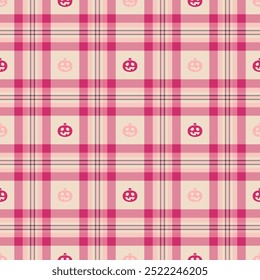 Halloween vector pattern with plaid stripes and pumpkins, spooky ghosts, and scary ornaments. Ideal for autumn background, textile, fabric, party decor, greeting cards, posters, or tiled wallpaper.