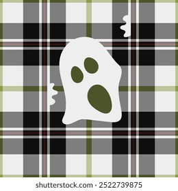 Halloween vector pattern with plaid stripes and pumpkins, spooky ghosts, and scary ornaments. Ideal for autumn background, textile, fabric, party decor, greeting cards, posters, or tiled wallpaper.