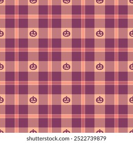 Halloween vector pattern with plaid stripes and pumpkins, spooky ghosts, and scary ornaments. Ideal for autumn background, textile, fabric, party decor, greeting cards, posters, or tiled wallpaper.
