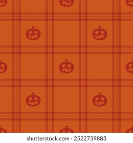Halloween vector pattern with plaid stripes and pumpkins, spooky ghosts, and scary ornaments. Ideal for autumn background, textile, fabric, party decor, greeting cards, posters, or tiled wallpaper.