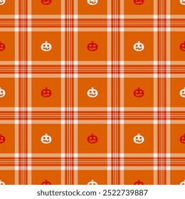 Halloween vector pattern with plaid stripes and pumpkins, spooky ghosts, and scary ornaments. Ideal for autumn background, textile, fabric, party decor, greeting cards, posters, or tiled wallpaper.