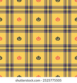 Halloween vector pattern with plaid stripes and pumpkins, spooky ghosts, and scary ornaments. Ideal for autumn background, textile, fabric, party decor, greeting cards, posters, or tiled wallpaper.