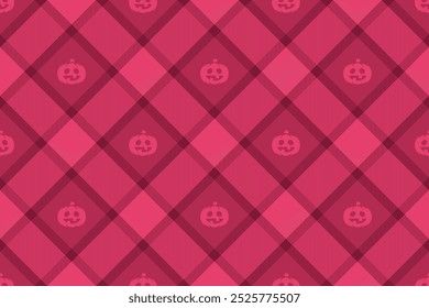 Halloween vector pattern with plaid stripes and pumpkins, spooky ghosts, and scary ornaments. Ideal for autumn background, textile, fabric, party decor, greeting cards, posters, or tiled wallpaper.
